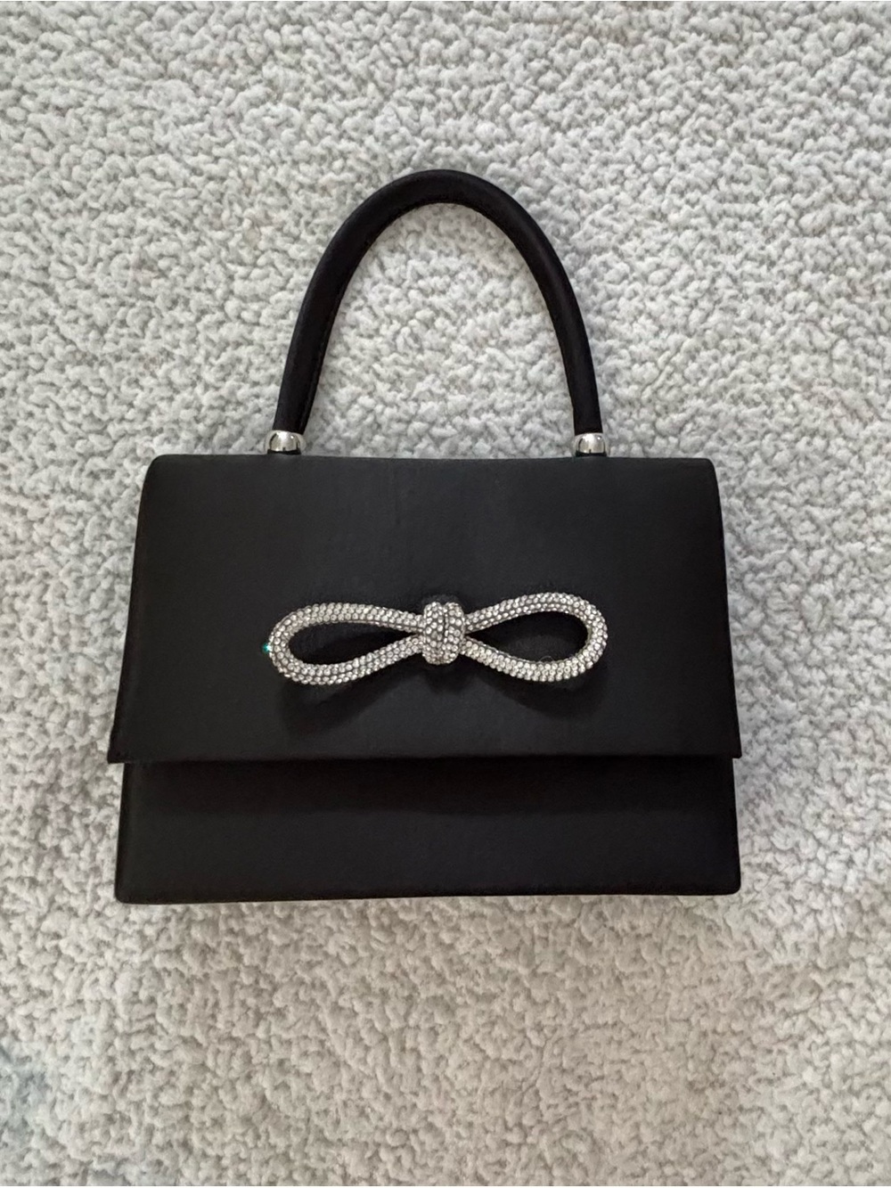 Black Satin Top-Handle Bag with Crystal Bow Accent